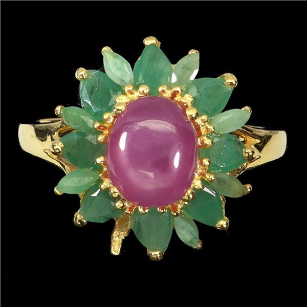 BIG RUBY AND EMERALD RING IN 14K YELLOW PLATED GOLD OVER 925 STERLING SILVER - SIZE 8.5 - APPRAISED 