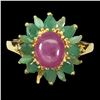 Image 1 : BIG RUBY AND EMERALD RING IN 14K YELLOW PLATED GOLD OVER 925 STERLING SILVER - SIZE 8.5 - APPRAISED 