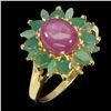 Image 2 : BIG RUBY AND EMERALD RING IN 14K YELLOW PLATED GOLD OVER 925 STERLING SILVER - SIZE 8.5 - APPRAISED 