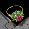 Image 3 : BIG RUBY AND EMERALD RING IN 14K YELLOW PLATED GOLD OVER 925 STERLING SILVER - SIZE 8.5 - APPRAISED 