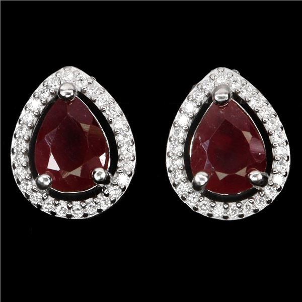 PEAR CUT RUBY EARRINGS IN 14K WHITE PLATED GOLD OVER 925 STERLING SILVER - APPRAISED REPLACEMENT VAL