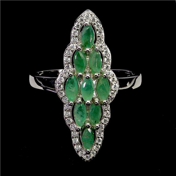 MARQUISE CUT EMERALD RING IN 14K WHITE PLATED GOLD OVER 925 STERLING SILVER - SIZE 9 - APPRAISED REP