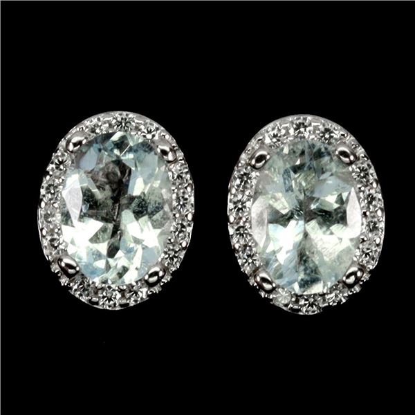 OVAL CUT AQUAMARINE EARRINGS IN 14K WHITE PLATED GOLD OVER 925 STERLING SILVER - APPRAISED REPLACEME