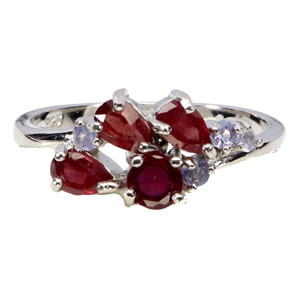 RUBY AND TANZANITE RING IN 14K WHITE PLATED GOLD OVER 925 STERLING SILVER - SIZE 8 - APPRAISED REPLA