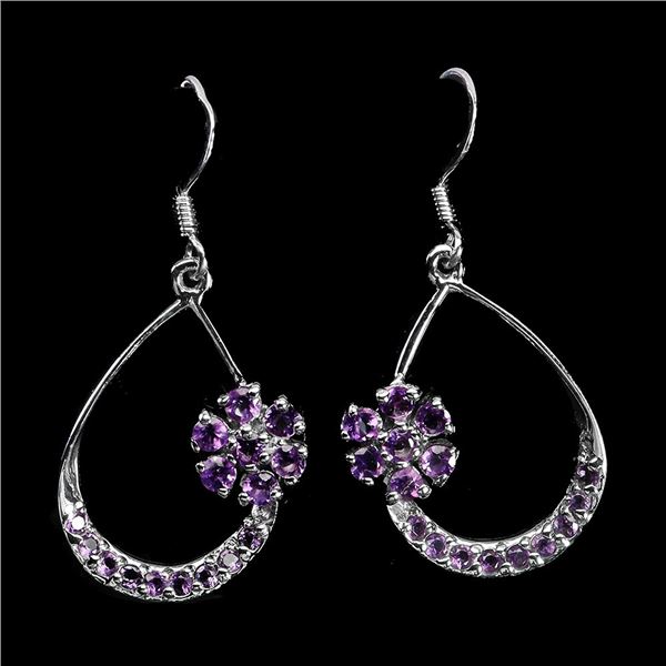 NATURAL AMETHYST EARRINGS IN 14K WHITE PLATED GOLD OVER 925 STERLING SILVER - APPRAISED REPLACEMENT 