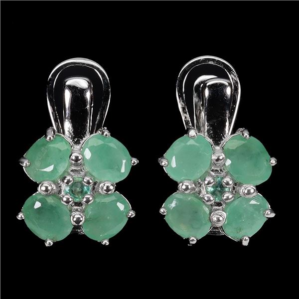 EMERALD EARRINGS IN 14K WHITE PLATED GOLD OVER 925 STERLING SILVER - APPRAISED REPLACEMENT VALUE