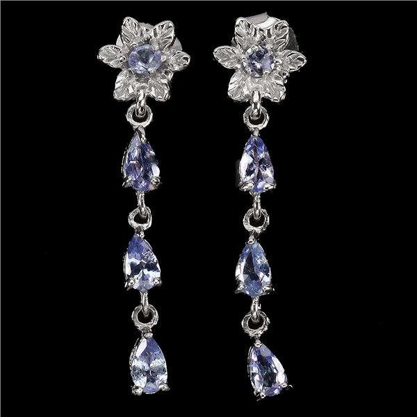 TANZANITE EARRINGS IN 14K WHITE PLATED GOLD OVER 925 STERLING SILVER - APPRAISED REPLACEMENT VALUE