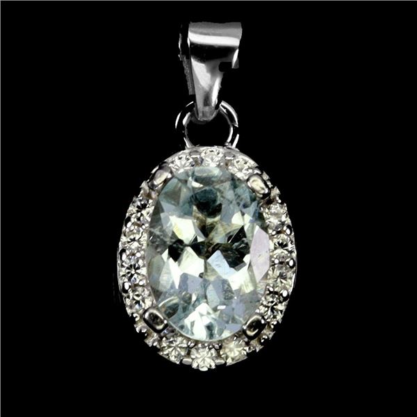 OVAL CUT AQUAMARINE PENDANT IN 14K WHITE PLATED GOLD OVER 925 STERLING SILVER - APPRAISED REPLACEMEN