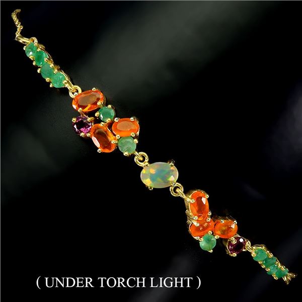 EMERALD AND ORANGE FIRE OPAL BRACELET IN 14K YELLOW PLATED GOLD OVER 925 STERLING SILVER - 8 INCHES 