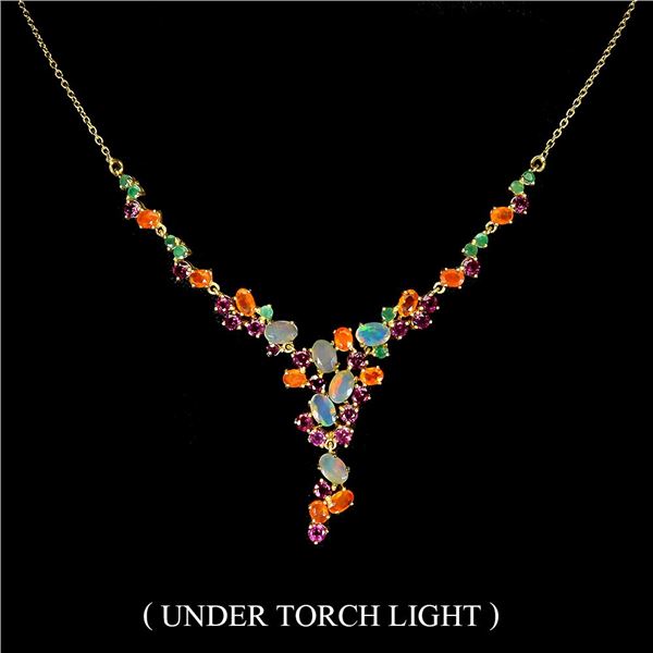 ORANGE FIRE OPAL, EMERALD AND APATITE NECKLACE IN 14K YELLOW PLATED GOLD OVER 925 STERLING SILVER - 