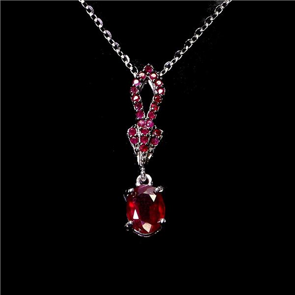 RUBY NECKLACE IN 14K WHITE PLATED GOLD OVER 925 STERLING SILVER -18 INCHES LONG - APPRAISED REPLACEM