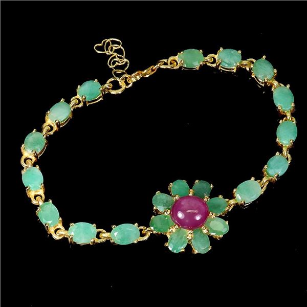 EMERALD AND BIG RUBY BRACELET IN 14K YELLOW PLATED GOLD OVER 925 STERLING SILVER - 7.5 INCHES - APPR