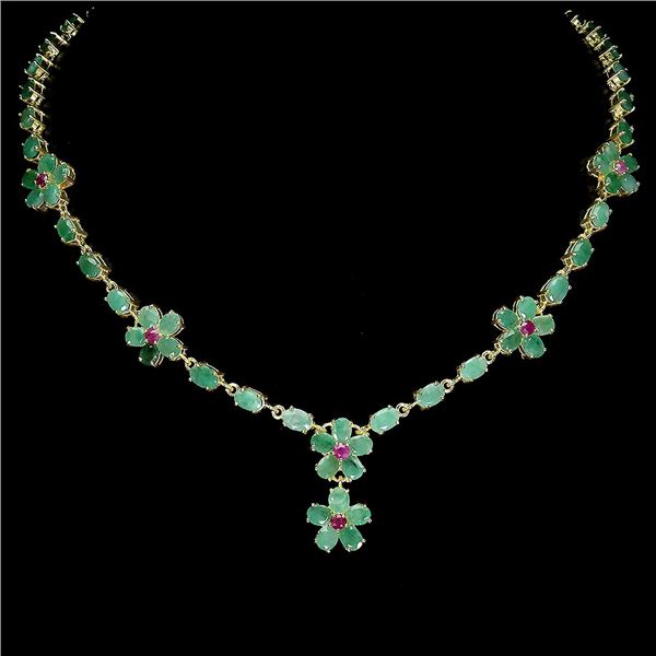 EMERALD AND RUBY NECKLACE IN 14K YELLOW PLATED GOLD OVER 925 STERLING SILVER - 19 INCHES LONG - APPR