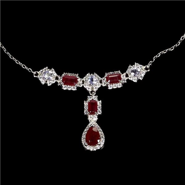 RUBY NECKLACE IN 14K WHITE PLATED GOLD OVER 925 STERLING SILVER - 18 INCHES LONG - APPRAISED REPLACE