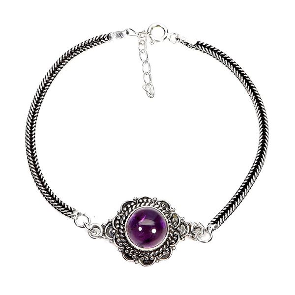 BIG ROUND AMETHYST BRACELET IN 14K WHITE PLATED GOLD OVER 925 STERLING SILVER - 8 INCES LONG - APPRA