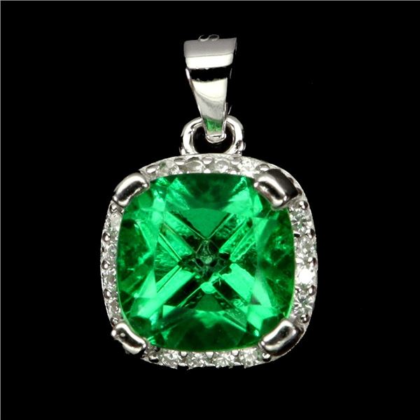 CUSHION CUT GREEN TOPAZ PENDANT IN 14K WHITE PLATED GOLD OVER 925 STERLING SILVER - APPRAISED REPLAC