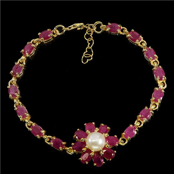 RUBY AND PEARL BRACELET IN 14K YELLOW PLATED GOLD OVER 925 STERLING SILVER - 8 INCHES LONG - APPRAIS
