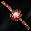 Image 2 : RUBY AND PEARL BRACELET IN 14K YELLOW PLATED GOLD OVER 925 STERLING SILVER - 8 INCHES LONG - APPRAIS