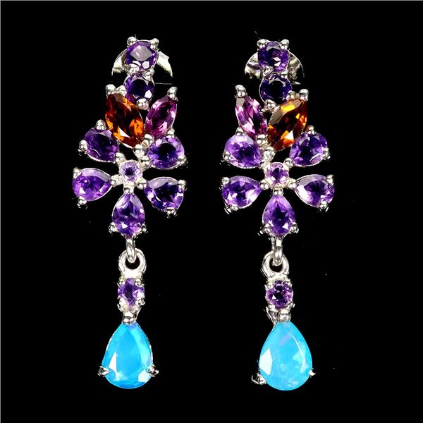 AMETHYST, BLUE OPAL AND GARNET EARRINGS IN 14K WHITE PLATED GOLD OVER 925 STERLING SILVER - APPRAISE
