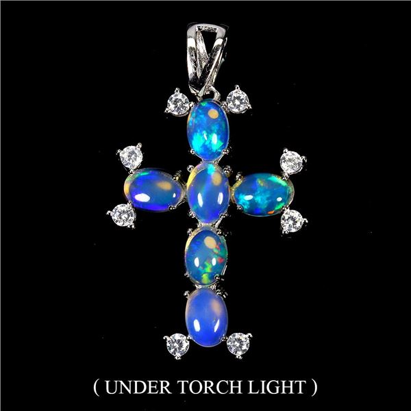 BLUE OPAL CROSS PENDANT IN 14K WHITE PLATED GOLD OVER 925 STERLING SILVER - APPRAISED REPLACEMENT VA