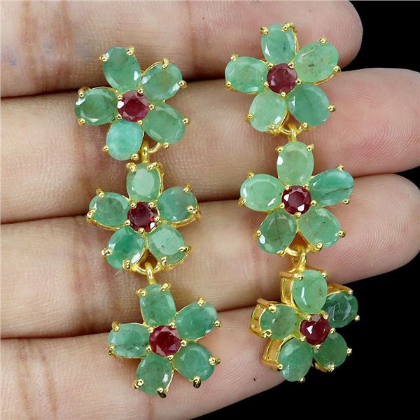 EMERALD AND RUBY EARRINGS IN 14K YELLOW PLATED GOLD OVER 925 STERLING SILVER - APPRAISED REPLACEMENT