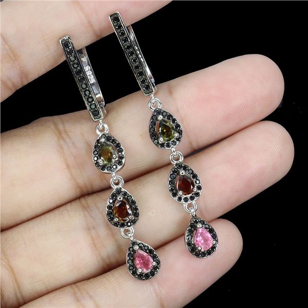 TOURMALINE AND BLACK SPINEL EARRINGS IN 14K WHITE PLATED GOLD OVER 925 STERLING SILVER - APPRAISED R