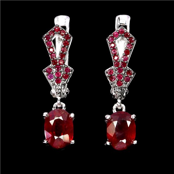 RUBY EARRINGS IN 14K WHITE PLATED GOLD OVER 925 STERLING SILVER - APPRAISED REPLACEMENT VALUE