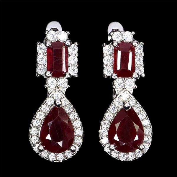 RUBY EARRINGS IN 14K WHITE PLATED GOLD OVER 925 STERLING SILVER - APPRAISED REPLACEMENT VALUE