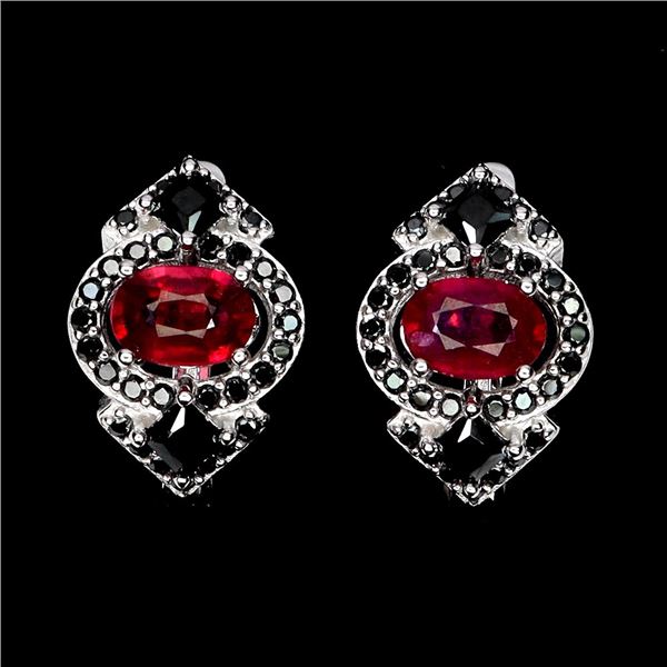 RUBY AND BLACK SPINEL EARRINGS IN 14K WHITE PLATED GOLD OVER 925 STERLING SILVER - APPRAISED REPLACE