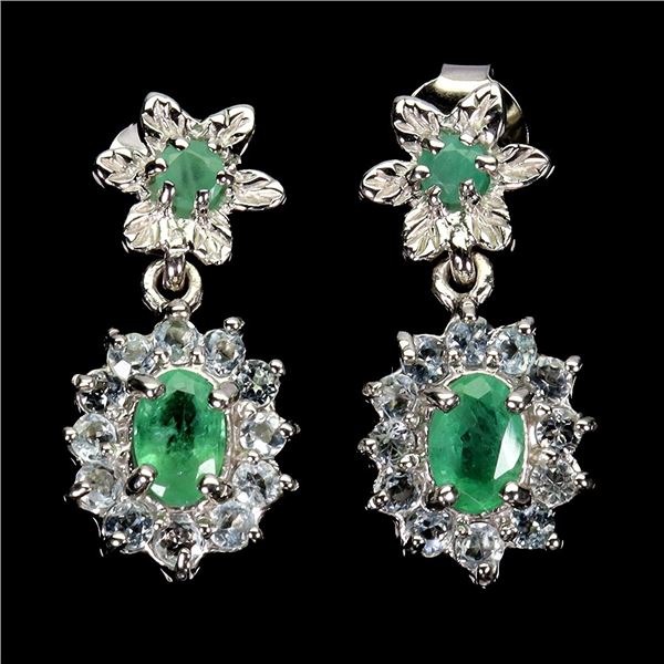 EMERALD AND AQUAMARINE EARRINGS IN 14K WHITE PLATED GOLD OVER 925 STERLING SILVER - APPRAISED REPLAC