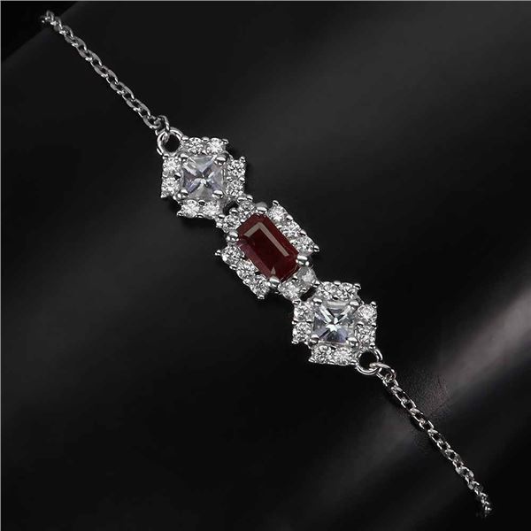 OCTAGON CUT RUBY BRACELET IN 14K WHITE PLATED GOLD OVER 925 STERLING SILVER - 7 INCHES LONG - APPRAI
