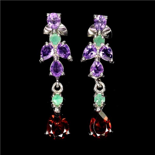 MOZAMBIDUE GARNET, EMERALD AND AMETHYST EARRINGS IN 14K WHITE PLATED GOLD OVER 925 STERLING SILVER -