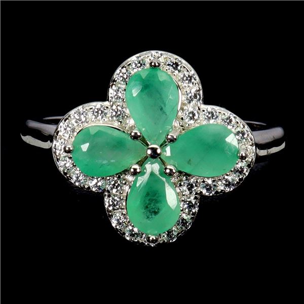 EMERALD RING IN 14K WHITE PLATED GOLD OVER 925 STERLING SILVER - SIZE 7 - APPRAISED REPLACEMENT VALU