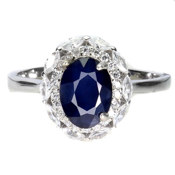 BLUE SAPPHIRE RING IN 14K WHITE PLATED GOLD OVER 925 STERLING SILVER - SIZE 8 - APPRAISED REPLACEMEN