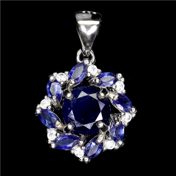 BLUE SAPPHIRE PENDANT IN 14K WHITE PLATED GOLD OVER 925 STERLING SILVER - APPRAISED REPLACEMENT VALU