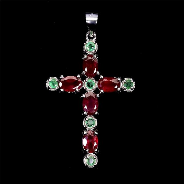 RUBY AND EMERALD CROSS PENDANT IN 14K WHITE PLATED GOLD OVER 925 STERLING SILVER - APPRAISED REPLACE
