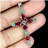 Image 2 : RUBY AND EMERALD CROSS PENDANT IN 14K WHITE PLATED GOLD OVER 925 STERLING SILVER - APPRAISED REPLACE