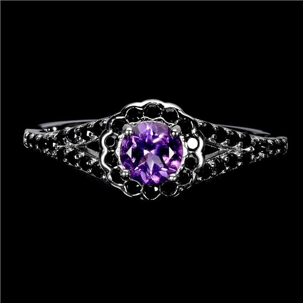 AMETHYSY AND BLACK SPINEL RING IN 14K WHITE PLATED GOLD OVER 925 STERLING SILVER - SIZE 9 - APPRAISE