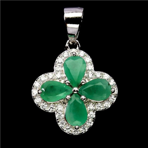 EMERALD PENDANT IN 14K WHITE PLATED GOLD OVER 925 STERLING SILVER - APPRAISED REPLACEMENT VALUE