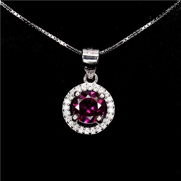 RHODOLITE GARNET NECKLACE IN 14K WHITE PLATED GOLD OVER 925 STERLING SILVER - 18 INCHES LONG - APPRA