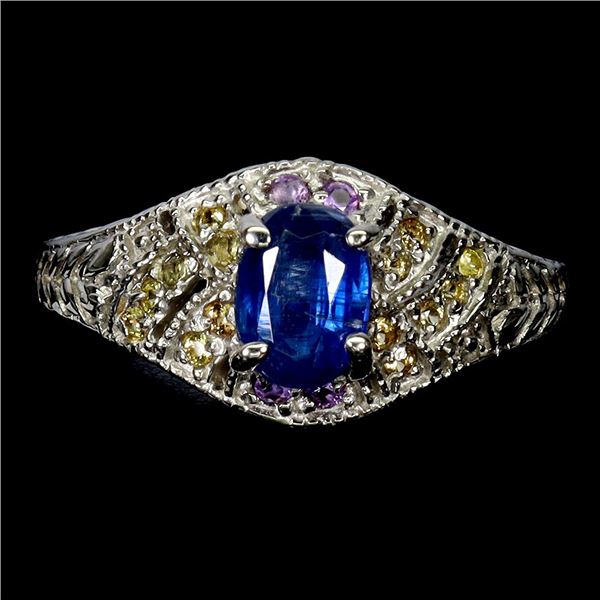 KYANITE, AMETHYST AND SAPPHIRE RING IN 14K WHITE PLATED GOLD OVER 925 STERLING SILVER - SIZE 9 - APP