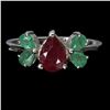 Image 1 : RUBY AND EMERALD RING IN 14K WHITE PLATED GOLD OVER 925 STERLING SILVER - SIZE 8 - APPRAISED REPLACE