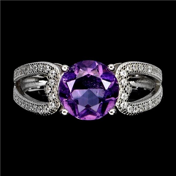 AMETHYST RING IN 14K WHITE PLATED GOLD OVER 925 STERLING SILVER - SIZE 7 - APPRAISED REPLACEMENT VAL