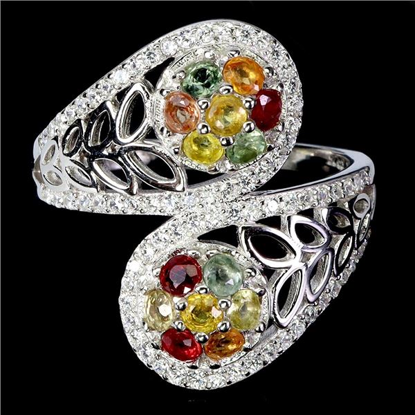 NATURAL SAPPHIRE RING IN 14K WHITE PLATED GOLD OVER 925 STERLING SILVER - SIZE 8 - APPRAISED REPLACE