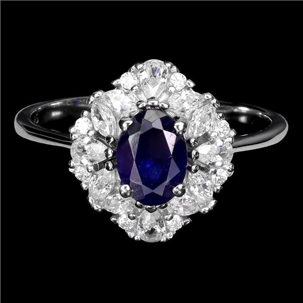 BLUE SAPPHIRE RING IN 14K WHITE PLATED GOLD OVER 925 STERLING SILVER - SIZE 8 - APPRAISED REPLACEMEN