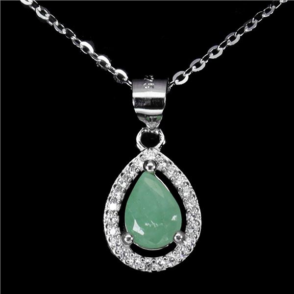 PEAR CUT EMERALD NECKLACE IN 14K WHITE PLATED GOLD OVER 925 STERLING SILVER - 18 INCHES LONG - APPRA