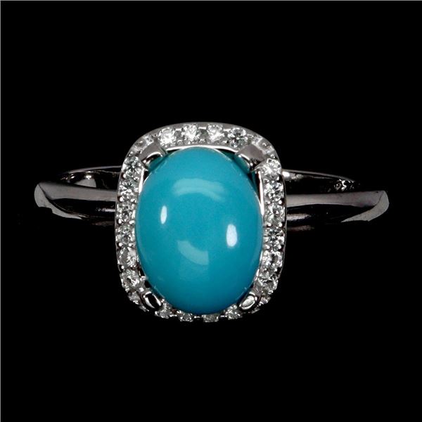 TURQUOISE RING IN 14K WHITE PLATED GOLD OVER 925 STERLING SILVER - SIZE 7 - APPRAISED REPLACEMENT VA