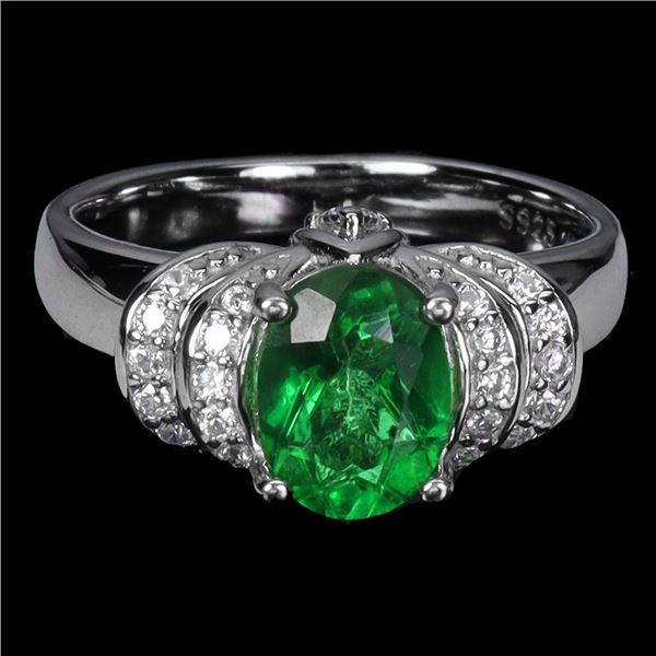 GREEN TOPAZ RING IN 14K WHITE PLATED GOLD OVER 925 STERLING SILVER -SIZE 8 - APPRAISED REPLACEMENT V