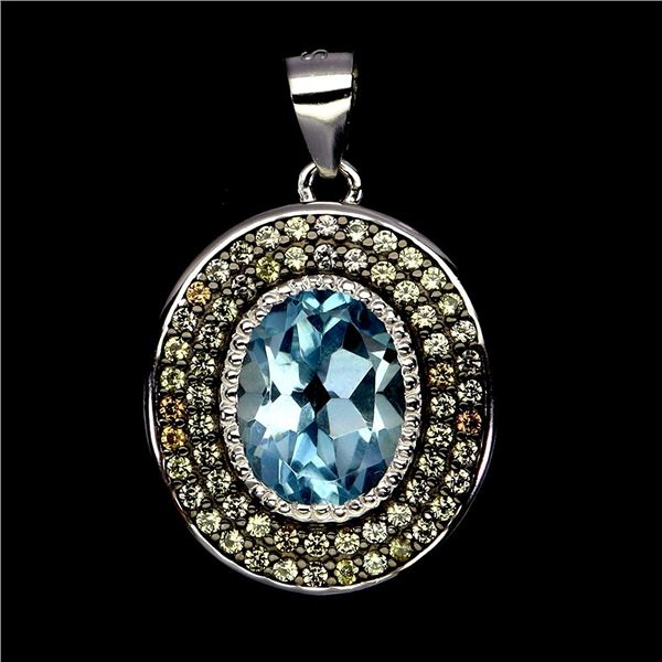 SKY BLUE TOPAZ AND SAPPHIRE PENDANT IN 14K WHITE PLATED GOLD OVER 925 STERLING SILVER - APPRAISED RE