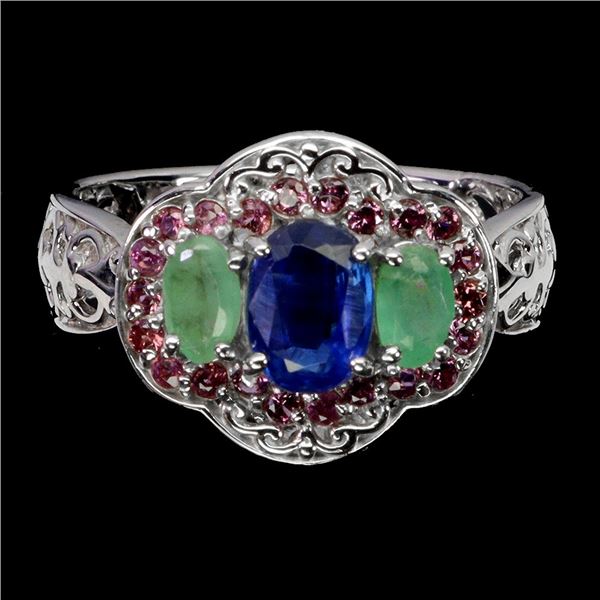 KYANITE, EMERALD AND RHODOLITE GARNET RING IN 14K WHITE PLATED GOLD OVER 925 STERLING SILVER - SIZE 